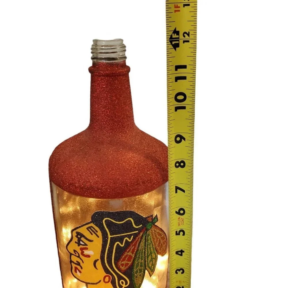 Chicago Blackhawks Inspired Hand Painted Lighted Bottle Glass ManCave Hockey 12